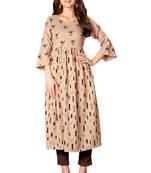 Kimisha Women's Beige Casual Wear Cotton Slub Printed Anarkali Style Pleated Kurti