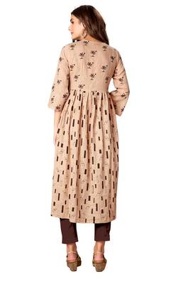 Kimisha Women's Beige Casual Wear Cotton Slub Printed Anarkali Style Pleated Kurti 2