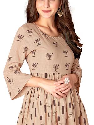 Kimisha Women's Beige Casual Wear Cotton Slub Printed Anarkali Style Pleated Kurti 3