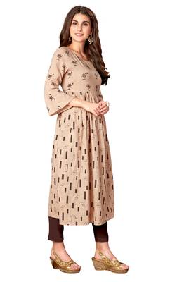 Kimisha Women's Beige Casual Wear Cotton Slub Printed Anarkali Style Pleated Kurti 4