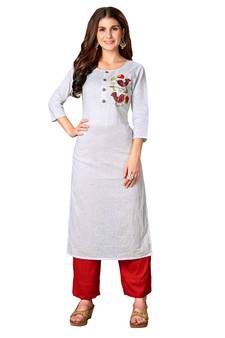 Kimisha White Cotton Embroidered Straight Kurta (Full Stitched)