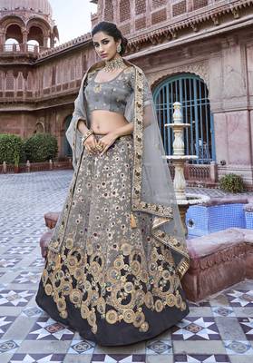 Grey embroidered silk semi stitched lehenga 1