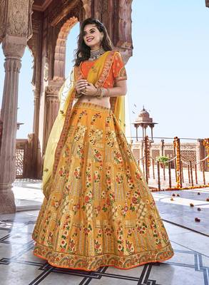 Mustard embroidered
 silk semi stitched lehenga 1