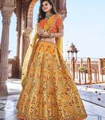 Mustard embroidered
 silk semi stitched lehenga