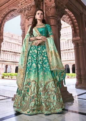 Teal embroidered silk semi stitched lehenga 1