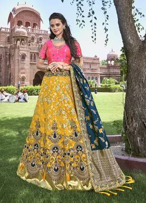 Yellow embroidered silk semi stitched lehenga 1