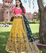 Yellow embroidered silk semi stitched lehenga