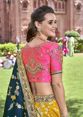 Yellow embroidered silk semi stitched lehenga 2