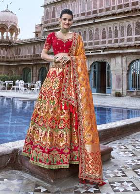 Red embroidered silk semi stitched lehenga 1