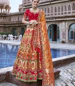 Red embroidered silk semi stitched lehenga