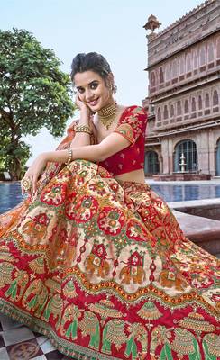 Red embroidered silk semi stitched lehenga 2