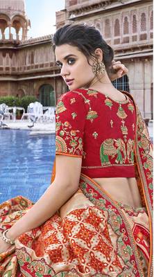 Red embroidered silk semi stitched lehenga 3