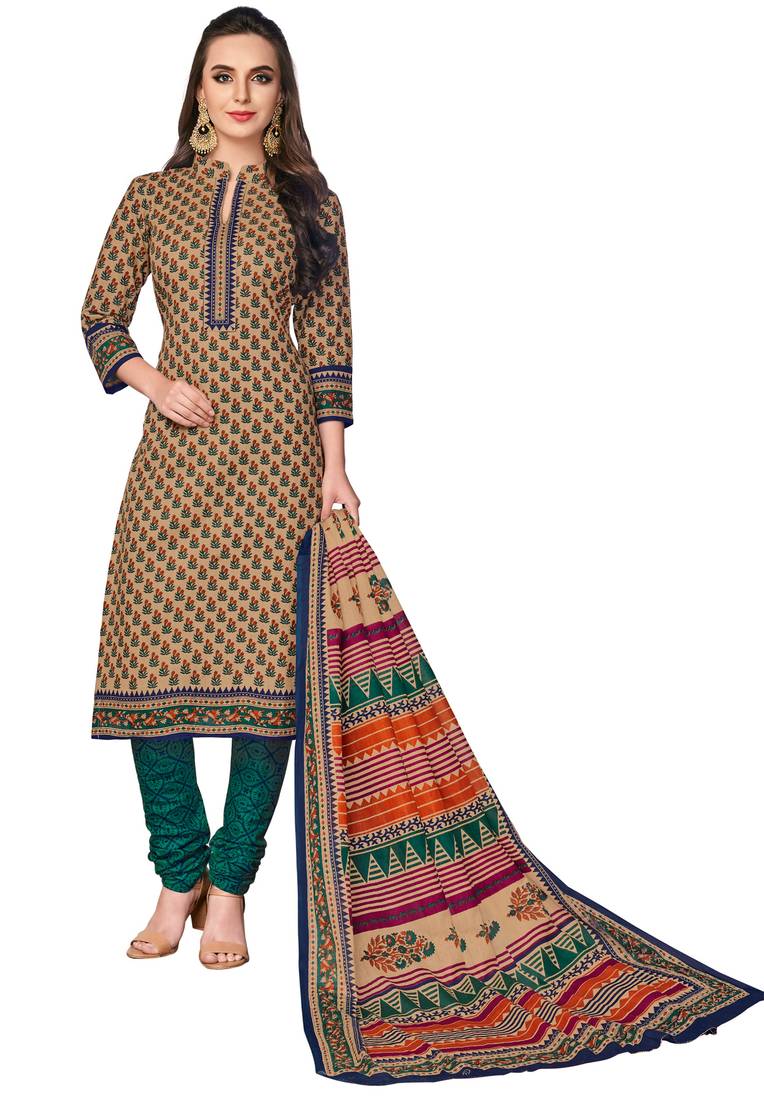 Women's Beige &  Peacock Green Cotton Printed Readymade Salwar Suit Set