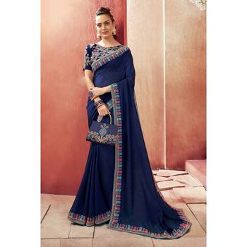 Blue plain chanderi silk saree with blouse 1