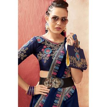 Blue plain chanderi silk saree with blouse 2
