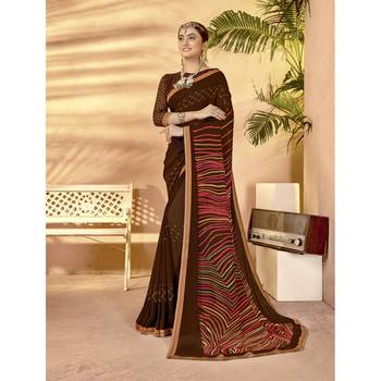Brown printed georgette saree with blouse 1
