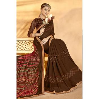 Brown printed georgette saree with blouse 2