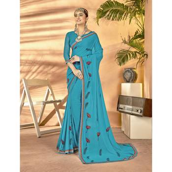 Sky blue printed georgette saree with blouse 1