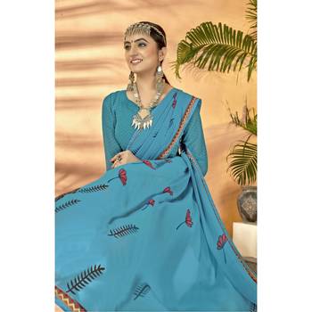Sky blue printed georgette saree with blouse 2