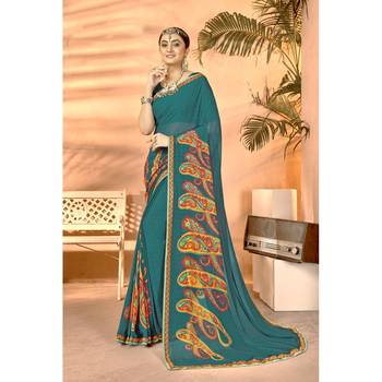 Sky blue printed georgette saree with blouse 1