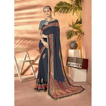 Navy blue printed georgette saree with blouse 1