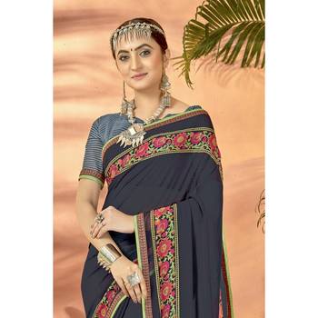 Navy blue printed georgette saree with blouse 2