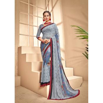 Grey printed georgette saree with blouse 1