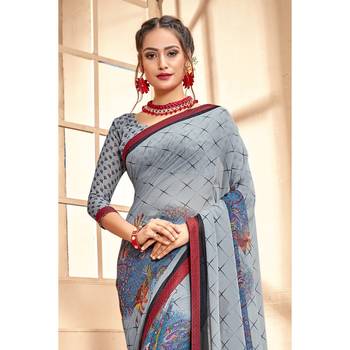 Grey printed georgette saree with blouse 2