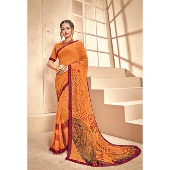 Orange printed georgette saree with blouse 1