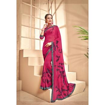 Pink printed georgette saree with blouse 1