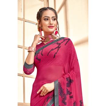 Pink printed georgette saree with blouse 2