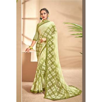 Green printed georgette saree with blouse 1