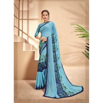 Sky blue printed georgette saree with blouse 1