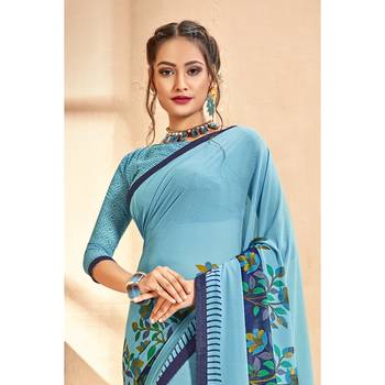 Sky blue printed georgette saree with blouse 2