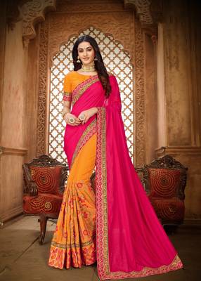Pink embroidered silk saree with blouse 1