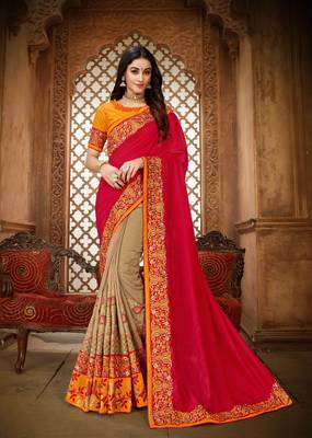 Red embroidered silk saree with blouse 1