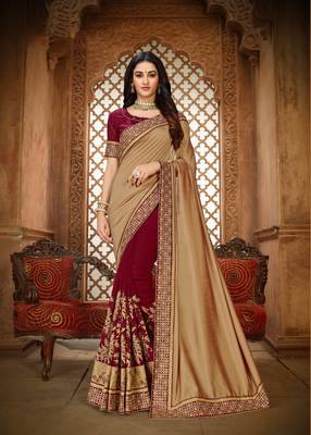 Golden embroidered silk saree with blouse 1