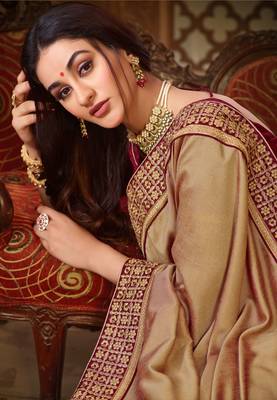 Golden embroidered silk saree with blouse 2
