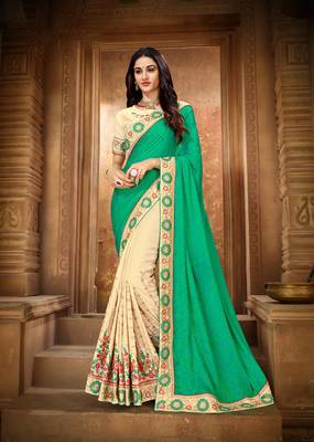 Green embroidered silk saree with blouse 1