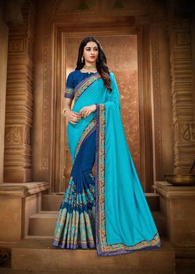 Sky blue embroidered silk saree with blouse 1