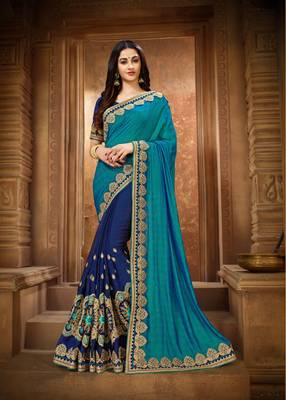 Dark green embroidered silk saree with blouse 1