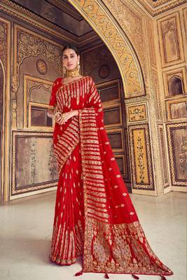 Red woven banarasi silk saree with blouse 1