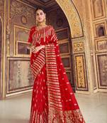 Red woven banarasi silk saree with blouse