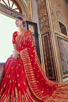 Red woven banarasi silk saree with blouse 3
