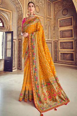 Orange woven banarasi silk saree with blouse 1
