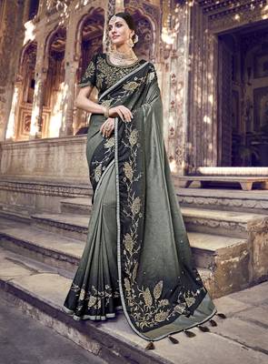 Grey embroidered silk saree with blouse 1