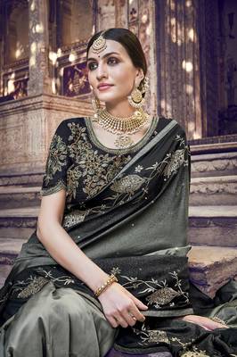 Grey embroidered silk saree with blouse 2