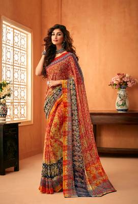Women Green Georgette Printed Designer Saree 1