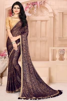Brown plain silk saree with blouse 1