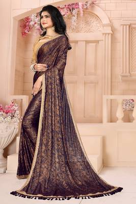 Brown plain silk saree with blouse 2